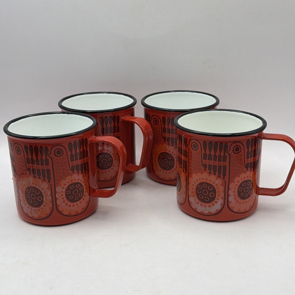 4 FINEL Arabia Coffee Mugs Cups Metal Enamel Red Birds Chickens Finland MCM VTG